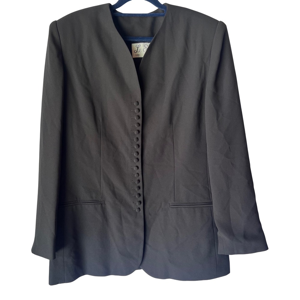 Le Suit Paris New‎ York Womens 14 Black Collarless Button Front Blazer Jacket